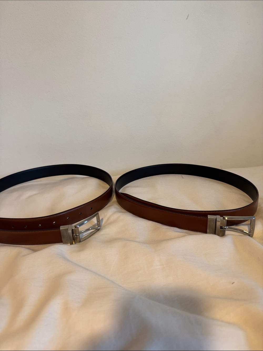 Two Perry Ellis SizeL Reversible Brown/Black Leather Belt with Silver Buckle